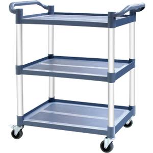3-Tier Utility Cart With Wheels, Heavy Duty Rolling Restaurant Cart 420lbs, Plastic Bus Cart With Lockable Wheels and Rubber Hammer for Warehouse/Office/Kitchen, Grey