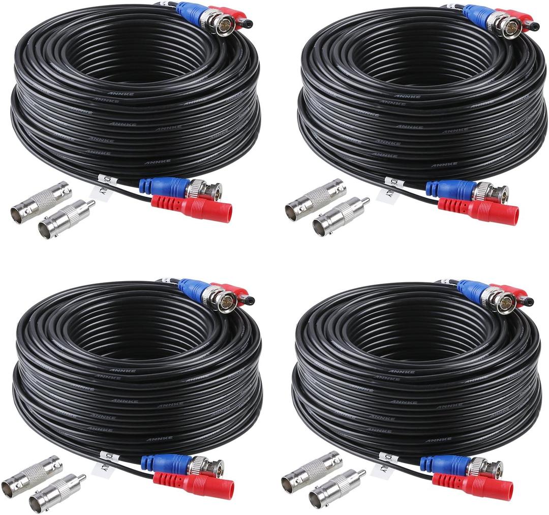 ANNKE 4 Pack 30M/100ft All-in-One Video Power Cables, BNC Extension Surveillance Camera Cables for CCTV Security DVR System Installation, Free 8 x BNC Connectors and 100pcs Cable Clips Included