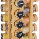 New England Stories Revolving Spice Rack Set with 16 Spice Jars, Kitchen Spice Tower Organizer for Countertop or Cabinet - Carous (Bamboo)