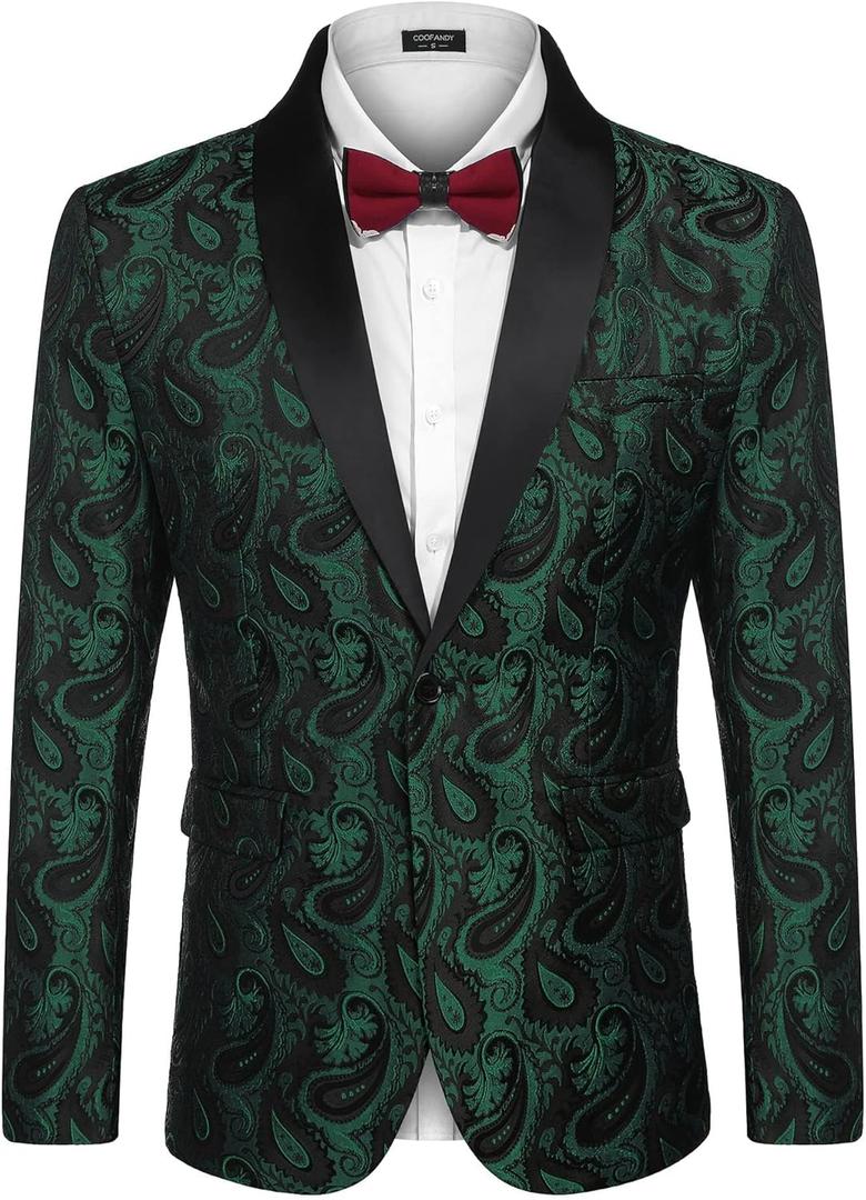 COOFANDY Mens Floral Tuxedo Jacket Paisley Shawl Lapel Suit Blazer Jacket for Dinner,Prom,Wedding (XS, Christmas Green)