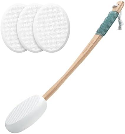 AmazerBath Lotion Applicator for Back, Feet, 4 Replacement Pads with 17" Curved Handle, Back Sunscreen Applicator for Kids, Elderly, Women, Apply Skin Cream Medicine Moisturizer Tanner, White