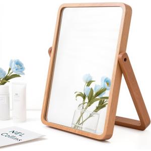 ZOROSY Desk Makeup Mirrors with Wood - Rectangle Wall-Mounted Mirrors Table Mirrors for Living Room Bedroom Birthday Gifts (10.5" L x 7.8" W)