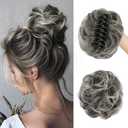 SOFEIYAN Claw Clip Messy Bun Hair Piece Synthetic Tousled Updo Hair Extensions Wavy Curly Hair Bun Clip in Claw Chignon Ponytail Hairpieces Scrunchie Hairpiece for Women, Gray with White Tips
