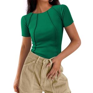 Acmplla Womens Short Sleeve Tops Ribbed Crewneck Slim Fit T Shirts for Women 2025 Summer Business Casual Basic Tee Top Green XL