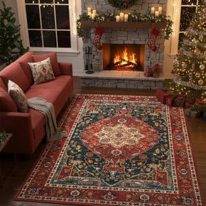 YJ.GWL Area Rugs for Living Room 4x6 Machine Washable Rugs for Bedroom, Non Slip Floral Vintage Rug Indoor Carpet, Stain Resistant Throw Rug for Dining Room Kitchen, Orange-Red