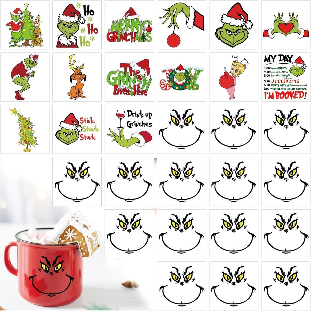 2Pack 30 Pcs Christmas Face Decal Stickers for Crafts Small 3 Inch Rub on Transfers UV Vinyl Faces Eyes Pitcher Decals for Ornaments Glass Drinking Cups Wood Decorations Balls Party Supplies (hoho30)