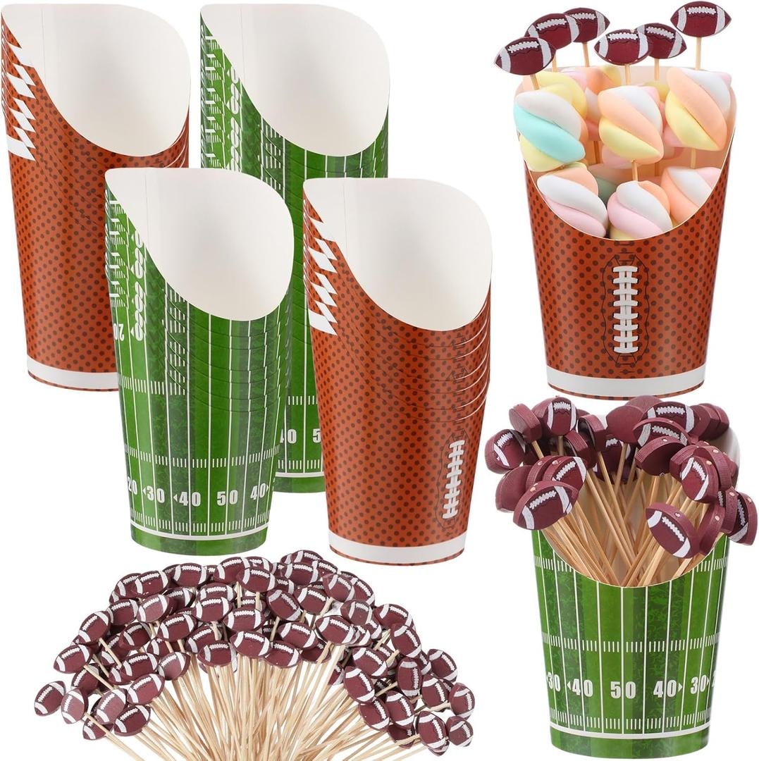 300 Pcs Football Charcuterie Cups Rugby Paper Appetizer Cups with Football Cocktail Picks Disposable Party Snack Bowls with Sticks French Fries Holder for Sports Events