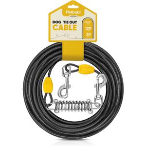 Petbobi Dog Tie-Out Cable 20ft - Outdoor Leash 4mm Metal Cable with Shock Absorbing Spring 360 Swivel Clips, Chain for Dogs Yard Camping, Fit Small Medium Large Pets Up to 35lbs, Black