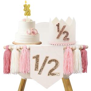 1/2 Birthday girl, Pink High Chair Banner with Handmade Hat and Candle, Half Way to One Baby, Half Birthday Docoration