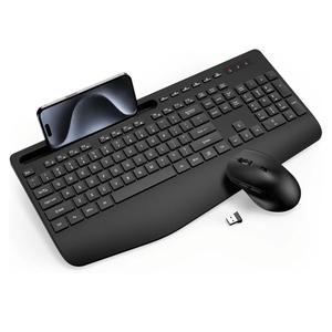 Wireless Keyboard and Mouse Combo - Full-Sized Ergonomic Keyboard with Wrist Rest, Phone Holder, Sleep Mode, 2.4G Quiet Keyboard for PC Laptop, Complete Work Setup for Office or Home -Trueque KM23