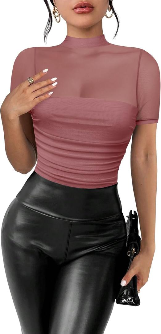 Women's Mesh Sexy Mock TurtleNeck Bodysuits Short Sleeve Shirt Ruched Sheer Body suit Summer Trendy Going Out Tops S 