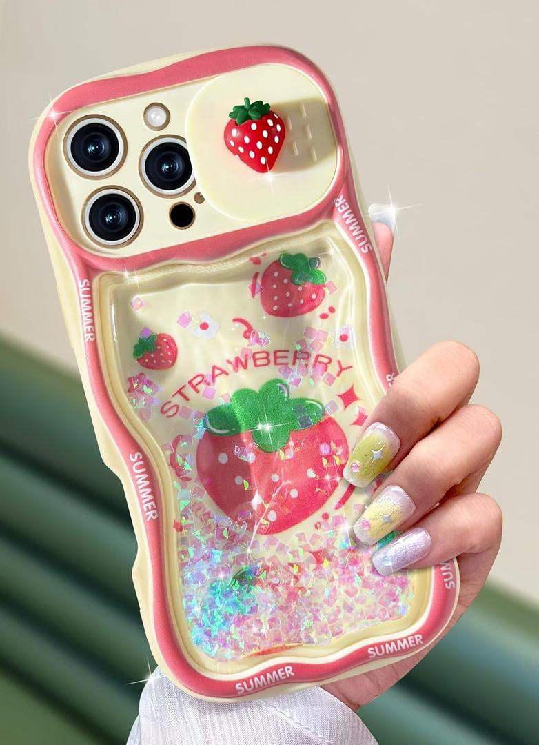 Toycamp for iPhone 16 Pro Case 6.3" - Women Girls Cute Phone Cover Strawberry with Sliding Camera Cover Girly Glitter Pretty Kawaii Unique Design Flowing Liquid Quicksand Case for iPhone 16 Pro