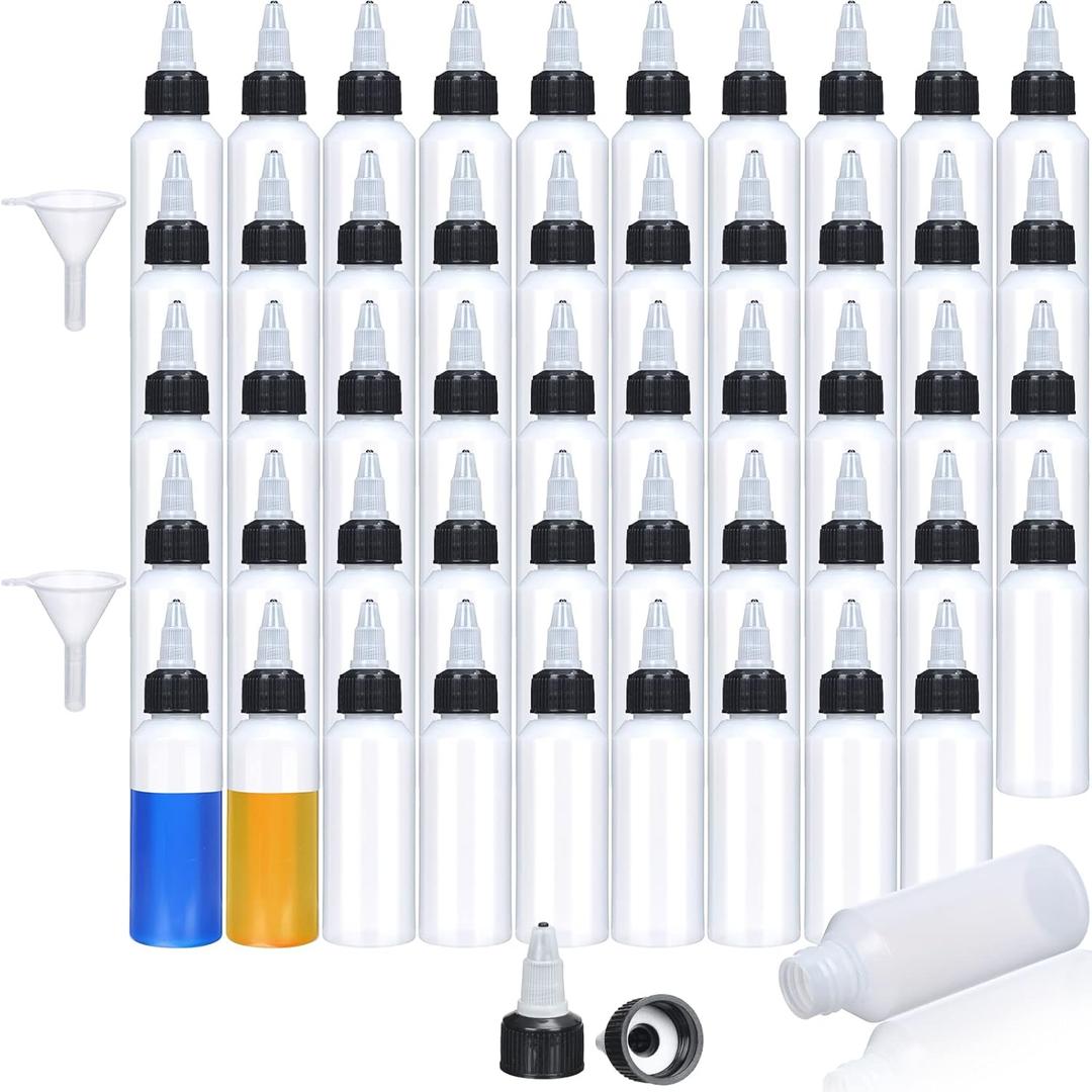 Honeydak 50 Pcs 2 oz Boston Dispensing Squeeze Bottles Empty Plastic Squeeze with Twist Cap Small Clear Bottle Round Bottles with 2 Funnels for Liquids Oils arts Kitchen Household (Black)