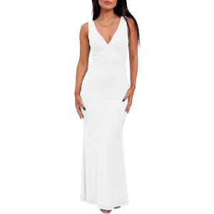 BORIFLORS Women's Sexy V Neck Bodycon Maxi Cocktail Dress Mesh Sleeveless Beach Wedding Guest Long Formal Dresses, Medium, White