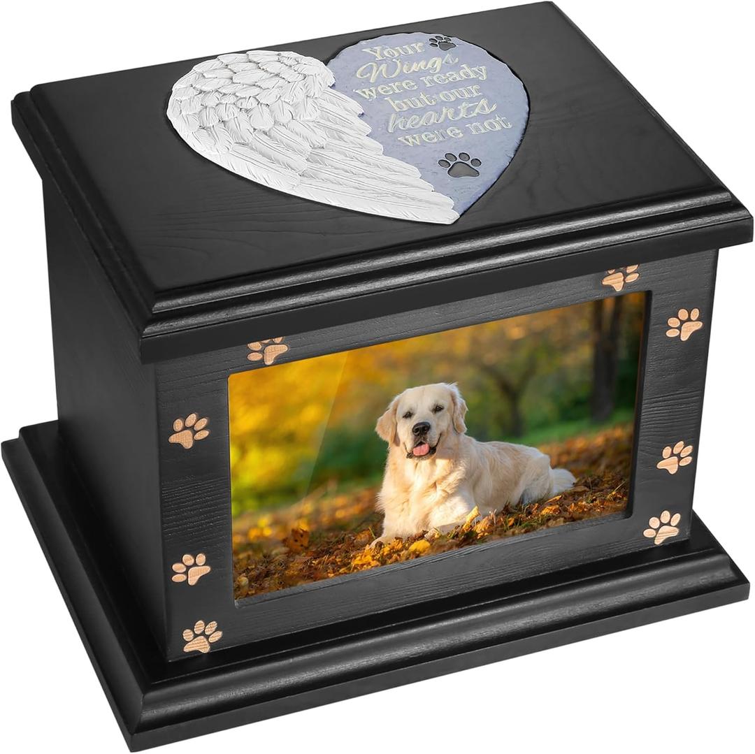 Pet Memorial Urns for Dogs or Cats Ashes, XLarge Wooden Funeral Cremation Urns with Photo Frame, Keepsake Memory Box