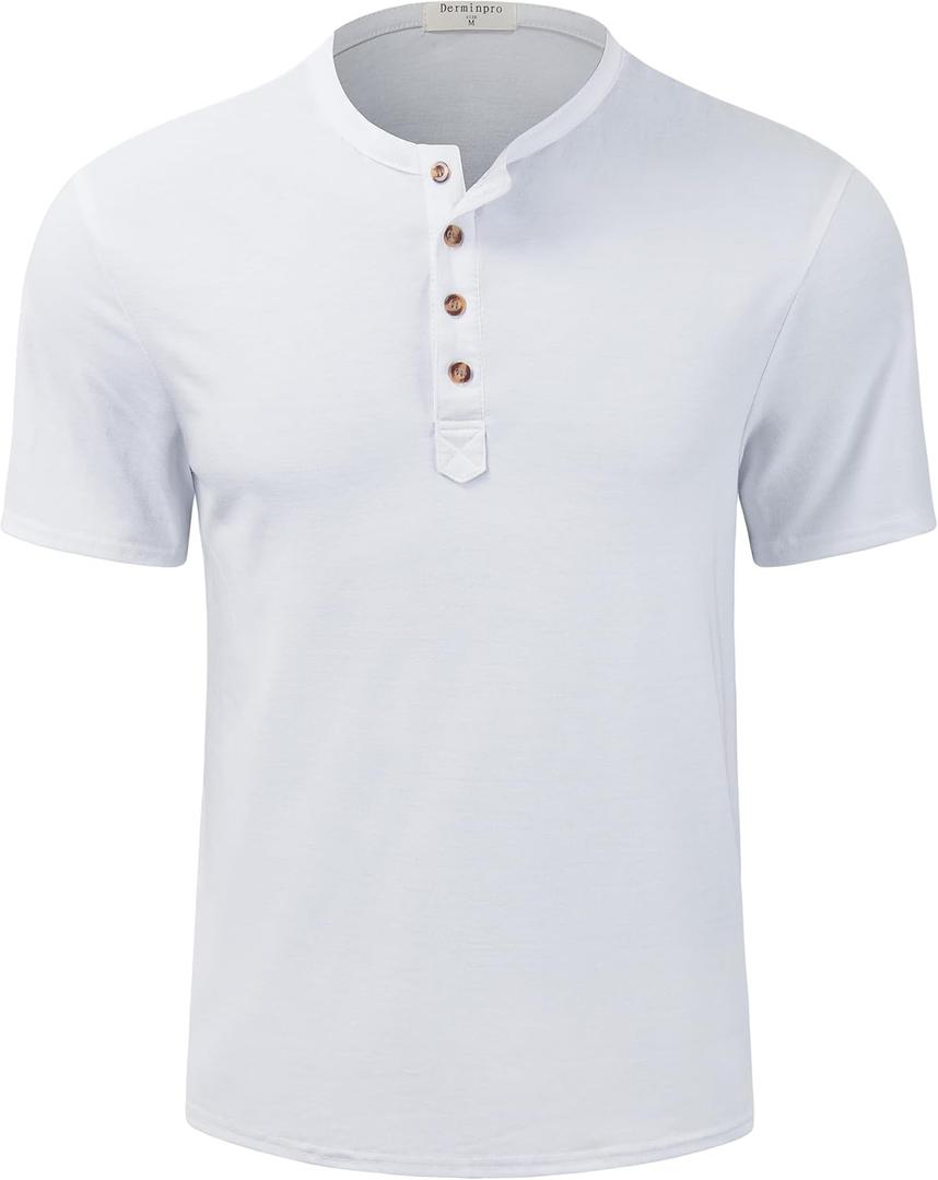 Derminpro Men's Casual Short Sleeve Slim Fit Cotton Retro Henley Shirts (White, M)