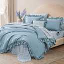 BLOOMHAVEN King Comforter Set - 7 Pieces Ruffle Blue Bedding Sets, Shabby Chic Farmhouse Bed in a Bag King with Ruffle Comforter, Floral Sheets, Pillowcases & Shams