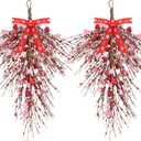 2 Pack 23 Valentines Day Wreaths for Front Door Valentines Teardrop Swag Artificial Red Pink Heart Shaped Berries Hanger with Ribbon Gift Farmhouse Hanging Decor for Outdoor Window Wall