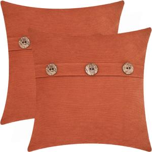 CaliTime Throw Pillow Cases Pack of 2 Soft Corduroy Striped Cushion Covers with Triple Large Natural Coconut Shell Buttons for Couch Sofa Home Farmhouse Decoration 18 X 18 Inches Burnt Orange