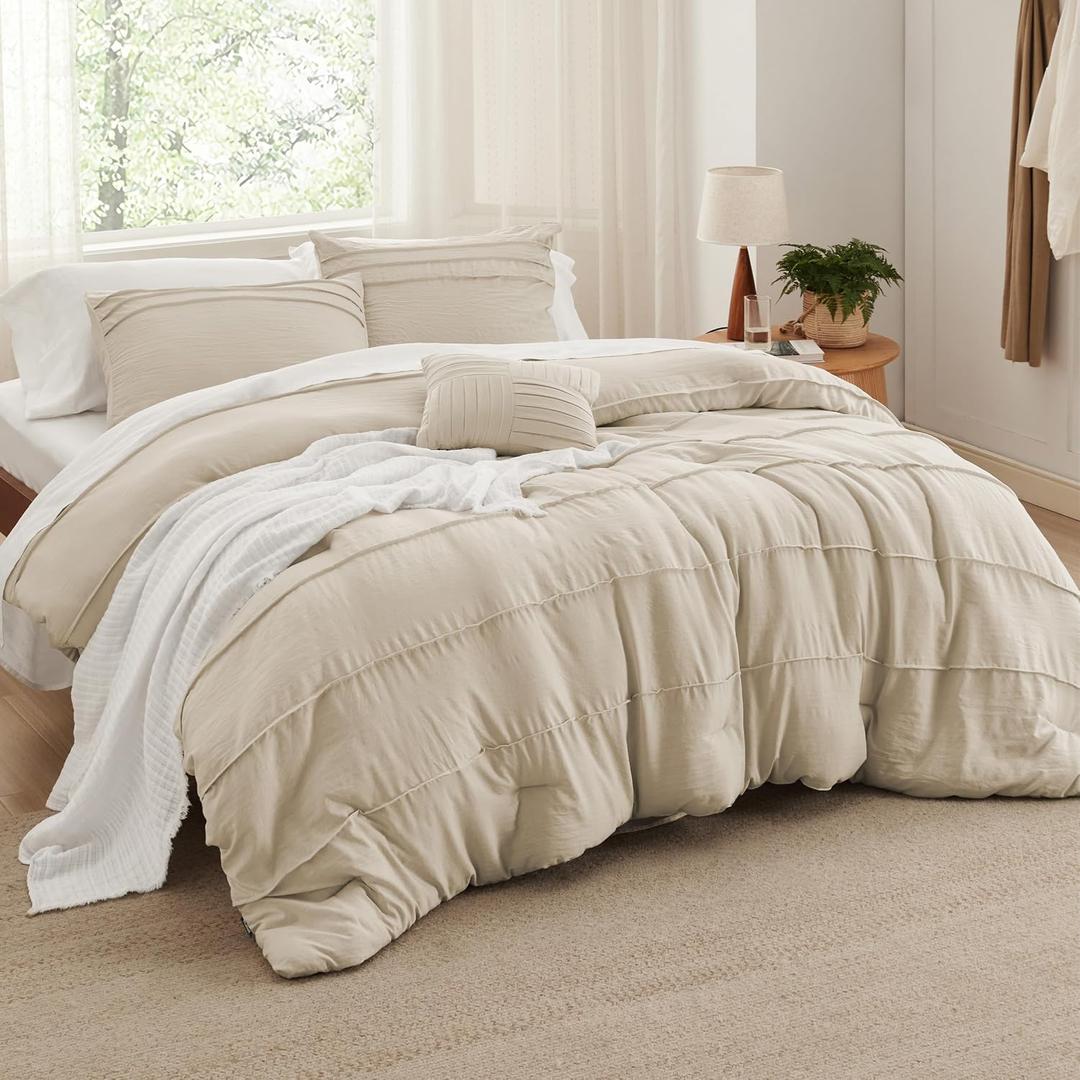 Bedsure King Comforter Set - 4 Pieces Pinch Pleat Bed Set, Linen Boho Bedding for All Season, 1 Soft Comforter, 2 Pillowcases, 1 Decorative Pillow