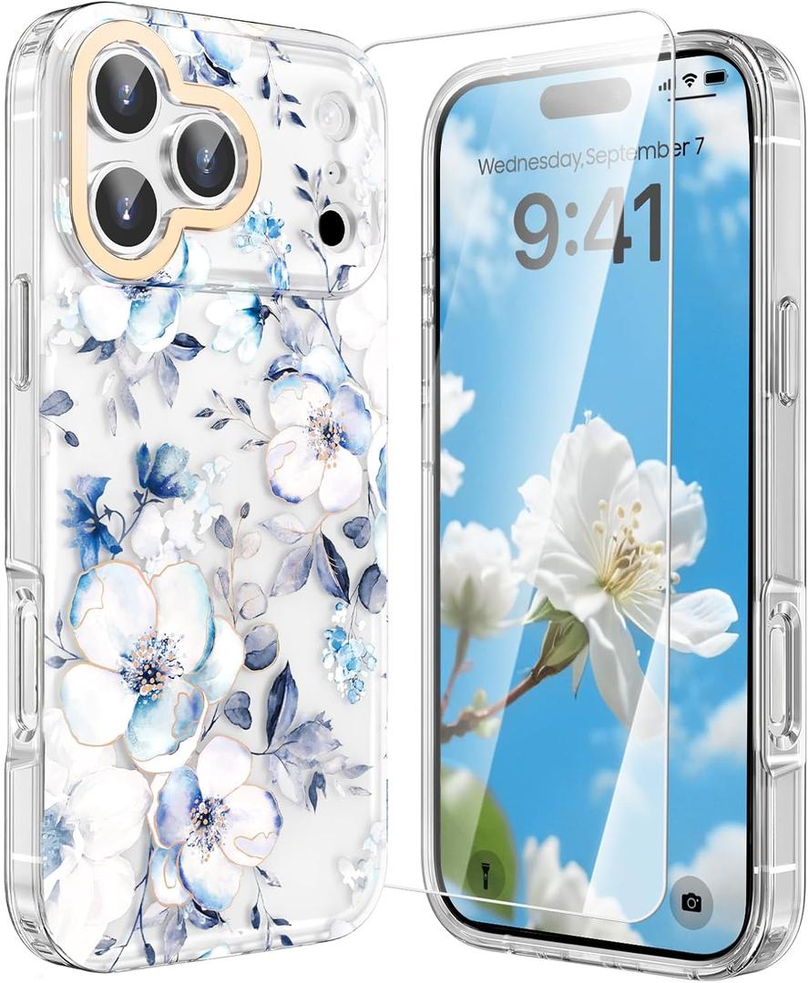 MILPROX Compatible with iPhone 17 Pro Flowers Case 6.3 inch - Cute Floral Pattern Design for Women Girls - Slim Clear Elegant Pretty Aesthetic Classy Exquisite Retro Girly Phone Cover - Blossom