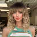 Wigs Human Hair with Bangs Short Wavy Bob for Women Black Mixed Brown Highlights Lightweight Breathable Glueless for Daily Party Cosplay (Ombre Blonde,14 Inch)