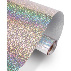 HTVRONT Holographic Glitter Permanent Vinyl, 12" x 10ft Sparkle Silver Permanent Adhesive Vinyl, Easy to Weed & Transfer Glitter Roll Compatible with Cricut Cutting Machine, Crafts, Silhouette, Decal