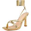 Mostrin Gold Strappy Heels for Women Lace Up Heels Tie Up Stiletto Heeled Sandals Square Open Toe High Heels for Prom, Party and Weddings Size 7.5