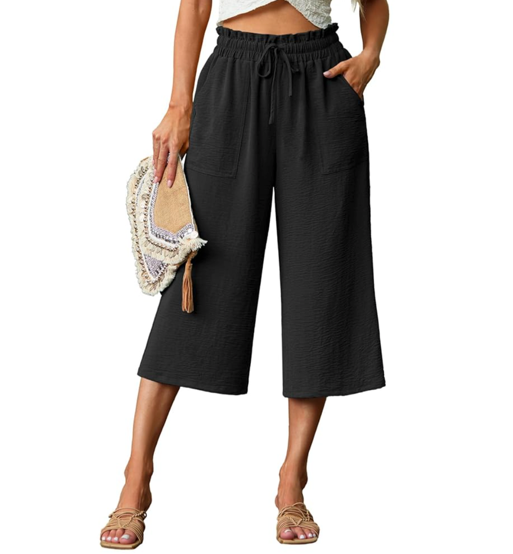 Lepunuo Women's Wide Leg Capri Pants High Waisted Palazzo Pants Adjustable Casual Tie Knot Pants with Pockets, L