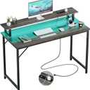 47 inch Computer Desk with Power Outlets, Gaming Desk with LED Lights, Home Office Work Desk with Monitor Shelf, Modern Office Desk Study Writing Table for Small Spaces, Black Oak