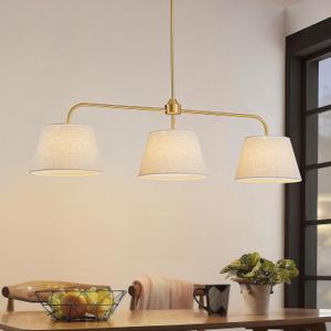 40" Linear Chandeliers with Linen Drum Shades, 3-Light Antique Brass Kitchen Island Lighting, Gold Linear Light Fixture for Kitchen Restaurant Over Table