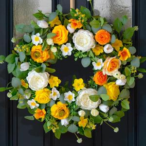 Spring Wreaths for Front Door Outside 24 Inch Yellow & White Spring Summer Wreath with Peony Rose Ranunculus Daffodil & Greenery, Indoor Outdoor Vibrant Hanging Season Decor for Wall Porch