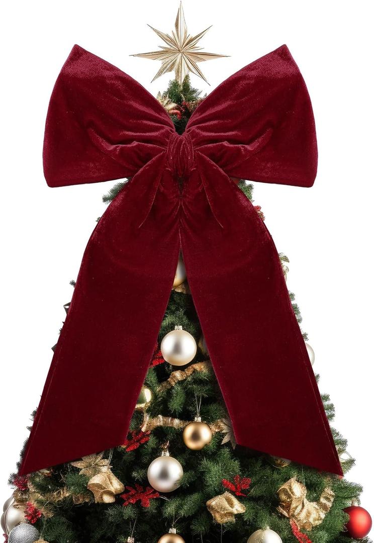20 x 30 Inches Christmas Large Velvet Bows Christmas Tree Topper Decor Giant Xmas Tree Toppers Bows for Home Wreath Wall Backdrop Birthday Wedding Party Decorations(Burgundy,1 Pcs)