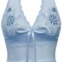 OYOANGLE Women's Y2k Halter Tank Tops Floral Embroidery Bow Lace Trim Ruched Fitted Sleeveless Going Out Top (Blue, L)