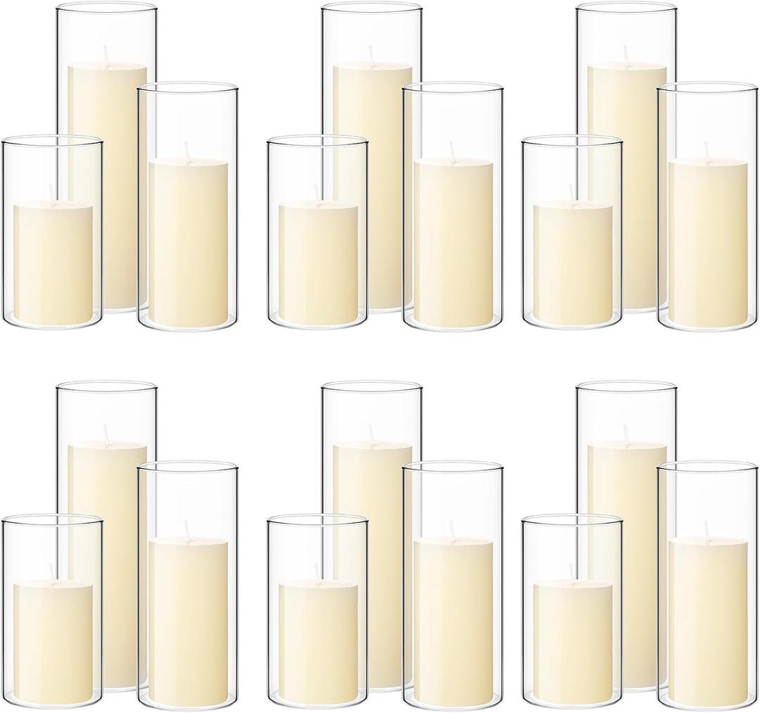 Shihanee 36 Pcs Pillar Candles and Glass Cylinder Vases Tall Cylinder Holders for Pillar Candles Wedding Centerpieces, Total 18 Sets(2.6'' X 4.7'', 5.9'', 7.9'',Clear,Ivory)