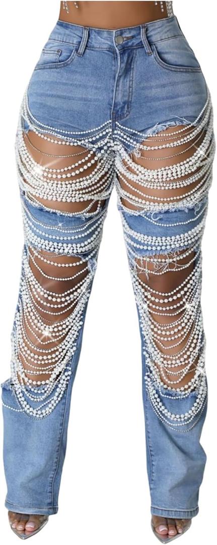 Lucuna Women's Rhinestone Ripped Jeans High Waist Boyfriend Cutout Straight Leg Pearl Distressed Denim Pants (X-Large)