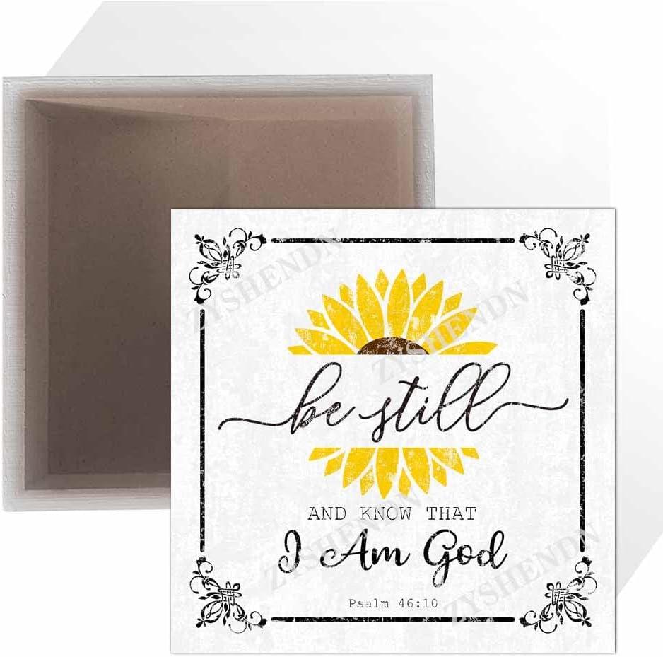 Be Still and Know That I AM GOD Wood Box Sign - Psalm 46:10 - Bible Verse Desk Scripture Quotes Sunflower Dcor Religious Inspirational Words Art Motivational Desk Dcor for Home Office Cubicle