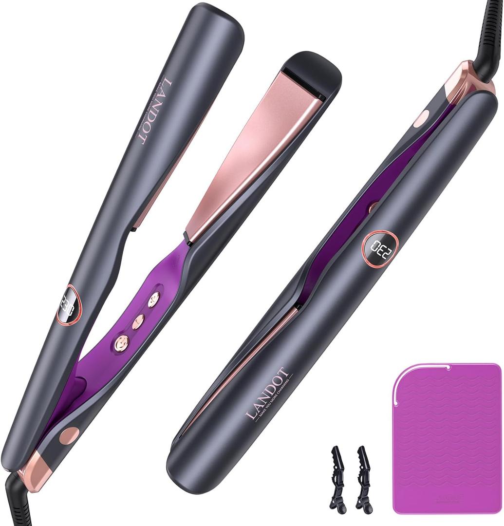 LANDOT 2-in-1 Hair Straightener and Curler - Twist Flat Iron Curling Iron for Smooth Curls & Sleek Straight Salon Results - Dual Voltage Ceramic Straightener Adjustable Temp for All Hair Types