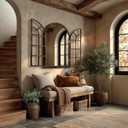 Arched Wall Mirror with Wood Window Frame, 36x24 Vintage Rustic Arch Farmhouse Mirror for Wall, Living Room, Bedroom, Entryway(Brown)