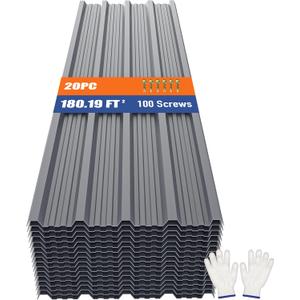 Brakki Metal Roofing Panels 20pcs 180.19 ft², Grey Corrugated Roof Panels, 20pcs/L73.23"