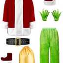 YAOGEG Christmas Santa Costumes Adult Funny Cosplay 8pcs Green Santa Costume,Men's Luxury Velvet Santa Claus Costume for Men