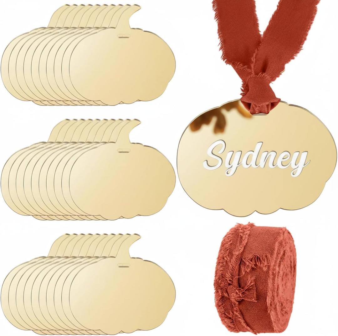 30 Pcs Thanksgiving Name Place Cards Sign Gold Mirror Acrylic Place Cards Gift Tags for Fall Thanksgiving Table Centerpiece Wedding Decor Bridal Brunches Birthday Party (Pumpkin)