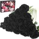 15Pcs Black Roses Artificial Flowers Fake Roses Long Stem Velet Rose Silk Flowers for Home Wedding Decoration (Round Rose,Black)
