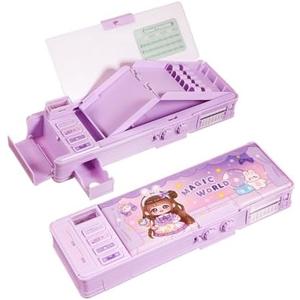 Humyoun Multifunctional Pop up Pencil Case for Girls, Cute Cartoon Pen Box Organizer with Password Lock, Sharpener, Schedule, Birthday Stationery Gifts for Kids (Purple, Magic World)