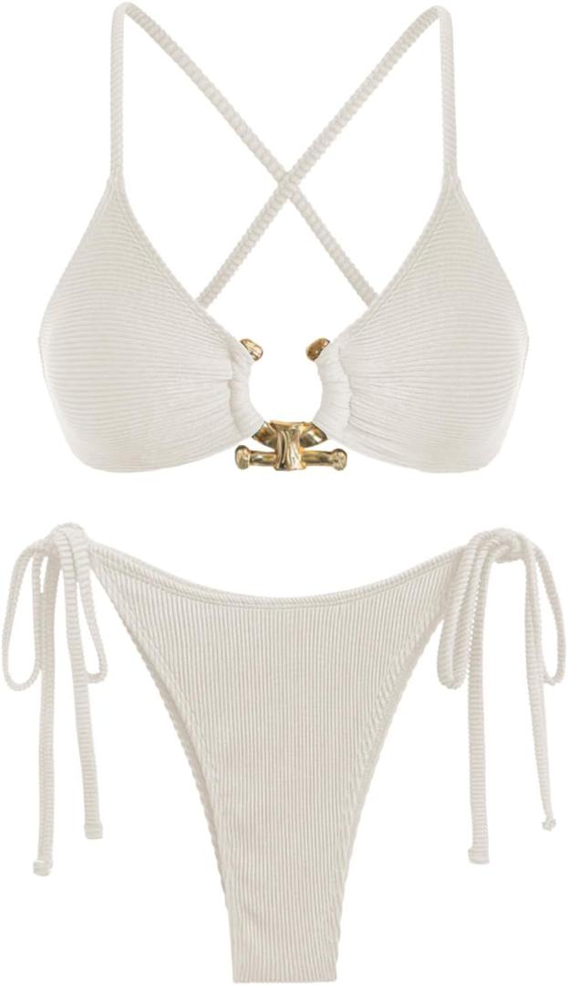 ZAFUL Women's Sexy Cutout Bikini Set High Cut Textured Metal Ring Cheeky Swimsuit Two Piece Bathing Suit (L)
