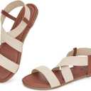 Trary Women's Flat Sandals, Comfortable Elastic Strappy Sandals, Round Toe Summer Slides for Walking, Beach & Travel (6, Beige)