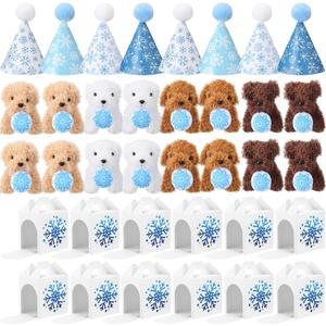 Vinsot 16 Set Mini Plush Dog Favors Gifts Adopt a Dog Set Include 16 Mini Stuffed Puppy 16 Cute Cone Hats 16 Kraft Paper Boxes for Puppy Animal Themed Birthday Party Supplies (Snowflake)