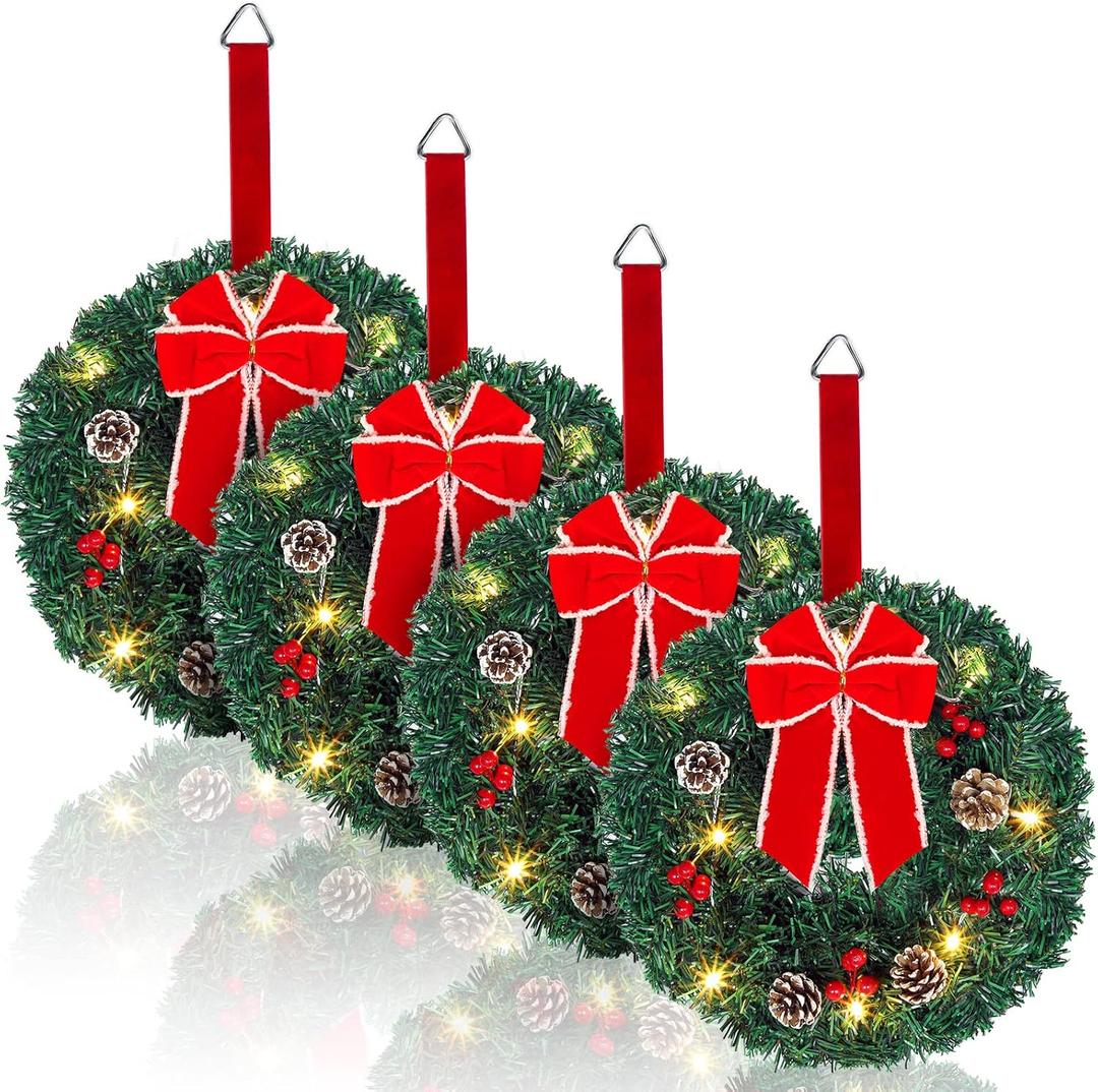 Jexine 4 Set 12 Inch Lighted Christmas Wreath with Large Red Bow & Ornaments, Pre Lit LED Artificial Hanging Xmas Wreath with Lights for Front Door, Window, Fireplaces, Wall, Holiday Party Decor