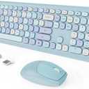 Wireless Keyboard and Mouse Combo, Colorful Ergonomic Full Size Retro Low-Noise Keyboard with Cute keycaps, Compatible with Windows, PC, Perfer for Home and Office Keyboards (Blue)
