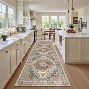Madane Hallway Runner Rug 2'6''x10' Kitchen Runner, Non Slip Vintage Runners for Hallways Washable Kitchen Rugs Soft Low Pile 2.5x10 ft Rug Runner for Laundry Room, Entryway and Bedroom, Turmeric/Grey